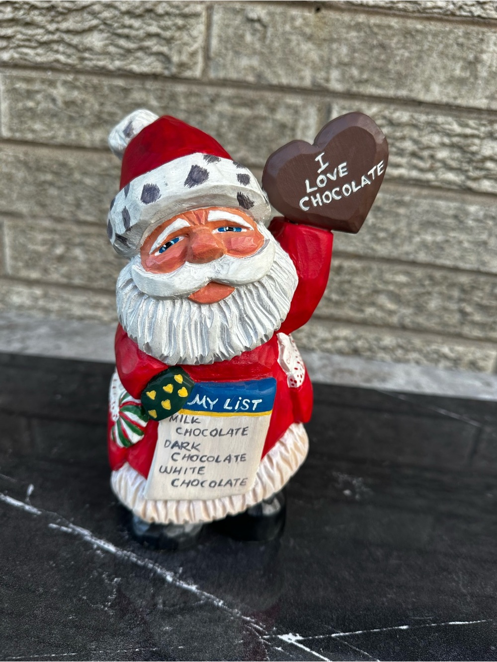 Paul Bolinger Santa Claus Folk Art Cast Resin Figurine. Signed w Chocolate Hear